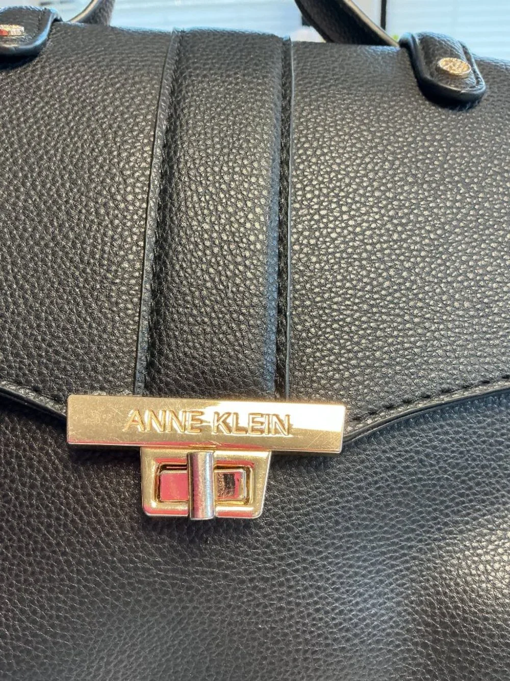 Anne Klein Pebbled Faux Leather Satchel Black Brown Logo Turn Lock Top Handles